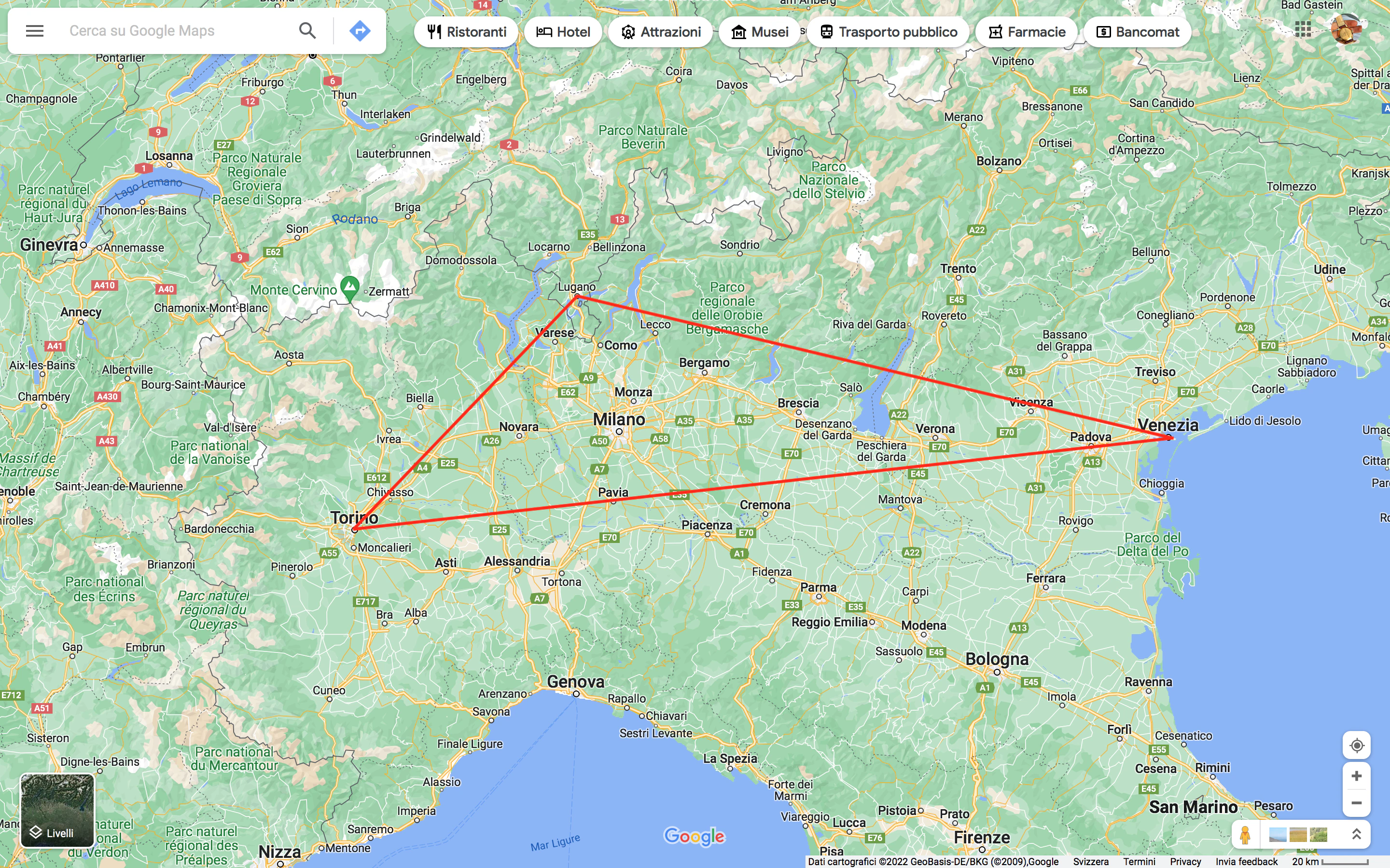Mappa del Triangolo Dadaville tra Torino, Ticino e Venezia