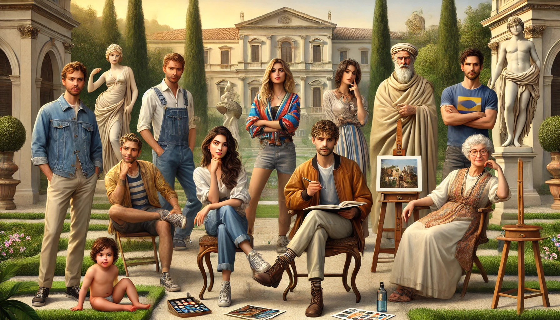 Un gruppo di Singoli nel giardino di una Dimora Storica (illustrazione)
